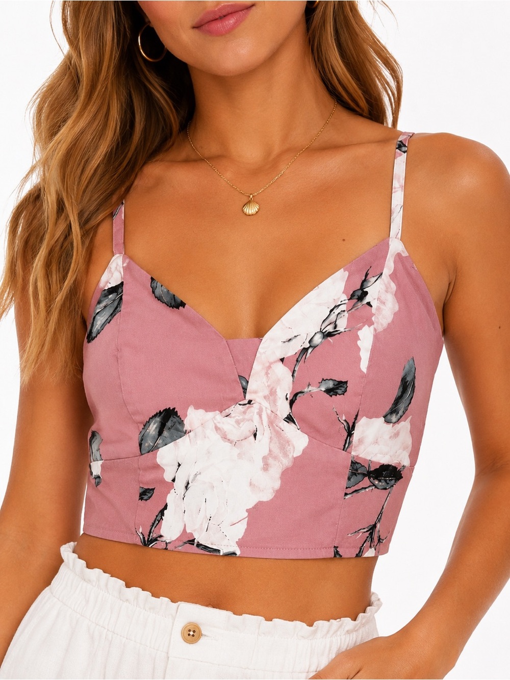 NWT Pink Floral Bustier Crop Top Size M | Adjustable Straps